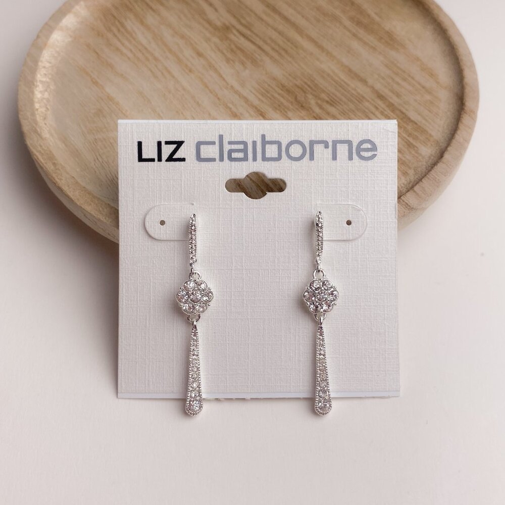 NWT Liz Claiborne Delicate Flower Rhinestone Jewel Drop Dangle Silver Earrings